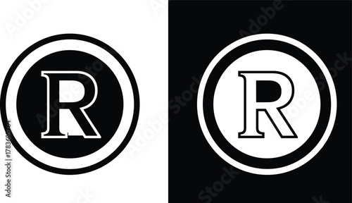 Registered trademark symbol vector, black and white R in circle design, legal protection icon, branding logo element, intellectual property illustration, stock art collection