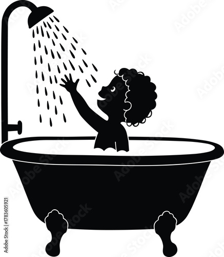 Shower bathtub silhouette vector, person bathing illustration, clawfoot tub design, personal hygiene artwork, modern minimal style, bathroom icon, stock art collection