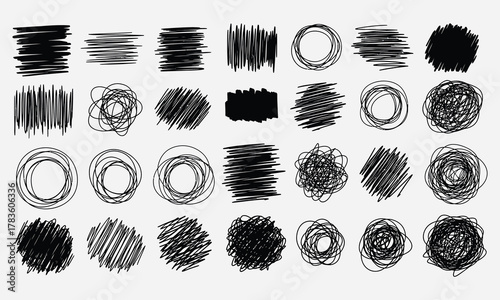 Collection of hand drawn scribble circles and lines for creative design projects