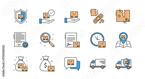 A collection of minimalistic linear pictograms representing various aspects of delivery and logistics, including insurance, secure handling, damaged goods, documentation, search, time, location