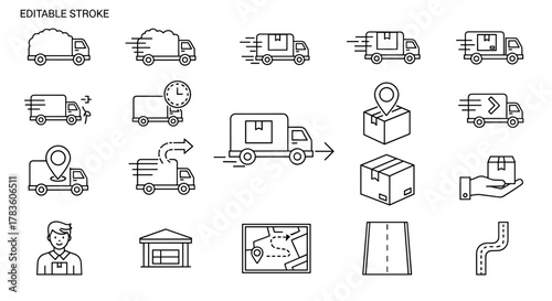 Collection of editable stroke line icons representing various aspects of delivery and logistics, including trucks, packages, maps, and personnel, suitable for web, print, and app design.
