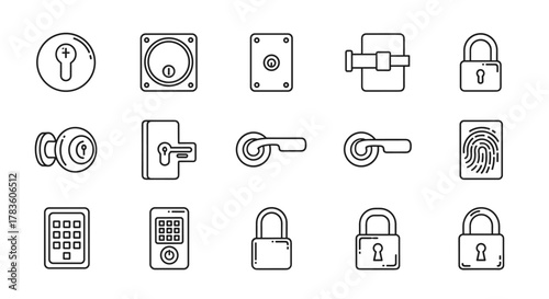 Set of linear icons representing various door locks, handles, and security devices, including keyholes, padlocks, fingerprint scanners, and digital keypads, presented on a clean white background for