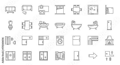 A comprehensive collection of line icons representing various elements of interior design and floor plans, including furniture, appliances, architectural features, and doors, ideal for web, print