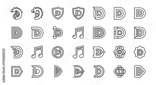 Collection of 28 unique 'D' monogram logo designs, featuring creative variations like dragons, shields, musical notes, and abstract geometric shapes, all presented as clean, modern line art on a