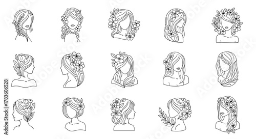 Set of 15 hand-drawn floral woman portraits in a minimalist line art style, featuring elegant hairstyles adorned with various flowers and leaves, presented on a clean white background, perfect for