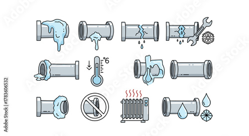 Frozen pipes line icon pack, outline signs for graphic and web design, apps, adverts, various cards, vector cartoon illustration with a white background. Set of plumbing problems, leaks, cracks