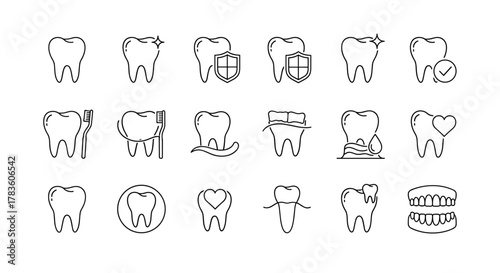Set of minimalistic thin line icons representing healthy teeth, dental care, and oral hygiene, suitable for web, graphic design, apps, banners, social networks, and cards. This vector cartoon