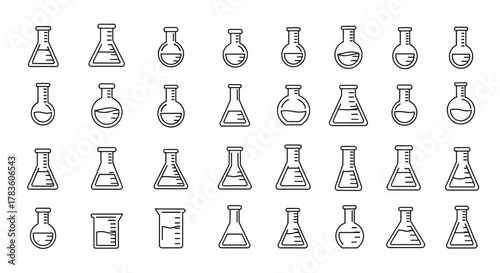 Collection of laboratory flasks and beakers in a line icon set, featuring various shapes and fill levels, perfect for graphic and web design, apps, adverts, and various cards, presented as a clean