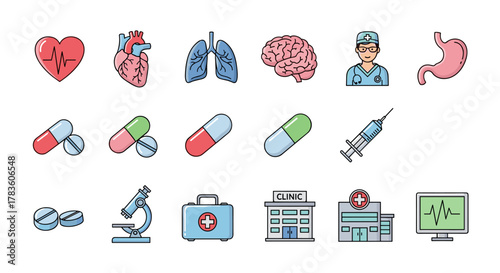 Vibrant collection of medical icons featuring essential healthcare elements: a heart with ECG, anatomical heart, lungs, brain, doctor, stomach, pills, syringe, microscope, first aid kit, clinic