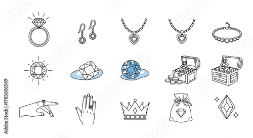 Collection of outline jewelry icons featuring diamonds and gemstones, including rings, earrings, necklaces, bracelets, crowns, treasure chests filled with jewels, and a money bag, perfect for graphic