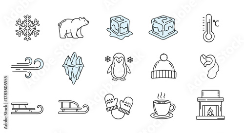 Collection of winter-themed outline icons representing cold weather and seasonal activities, including a snowflake, polar bear, melting ice cubes, thermometer, wind, iceberg, penguin, knitted hat