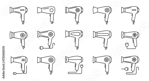 Collection of minimalistic linear icons representing hair dryers, showcasing a variety of designs from simple outlines to those with plugs and decorative elements, perfect for web, graphic design