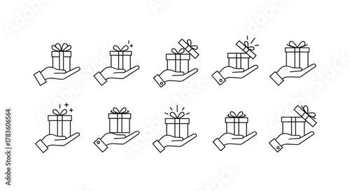 Set of ten thin line icons representing a hand holding a gift box, with some boxes open and some emitting light or sparkles, symbolizing surprise and generosity, perfect for web, apps, and design