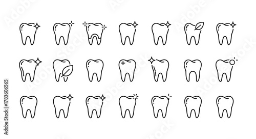 Set of minimalistic linear icons representing healthy teeth with sparkles, a leaf, and a plus sign, symbolizing dental care, hygiene, and natural treatments. These clean vector graphics are perfect