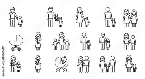 Clean and modern line icon set representing diverse family structures and stages of life, including parents with children, pregnant mothers, babies in strollers, and same-sex couples, perfect for