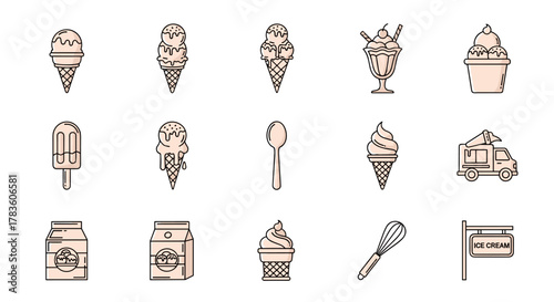 A delightful collection of line art icons representing various ice cream treats and related items, perfect for web, print, and app design. Includes cones, sundaes, popsicles, milk cartons, a whisk