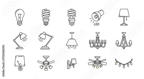 Modern Outline Style Icons for Design, Cards, Apps, and Social Networks: A Vector Cartoon Illustration Featuring Various Lighting Fixtures Including Light Bulbs, Lamps, Chandeliers, and Ceiling Fans