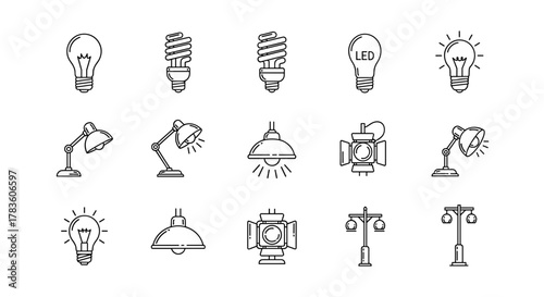 Collection of outline icons representing various light sources, including incandescent bulbs, energy-saving fluorescent bulbs, modern LED bulbs, desk lamps, pendant lights, spotlights, and street