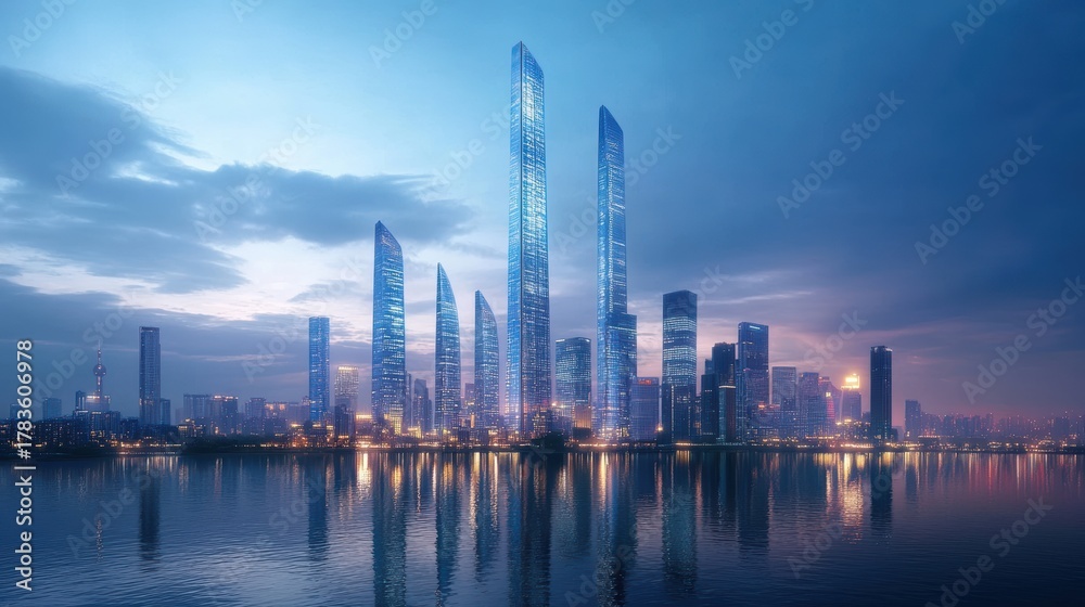Fototapeta premium Glowing Skyscrapers Reflected in Water at Dusk with Blue Sky and Soft Clouds Above a Modern City Skyline