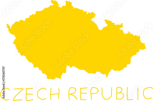 Yellow silhouette map of the Czech Republic with handwritten text. Simple vector design ideal for travel, education, posters, and modern graphic projects.