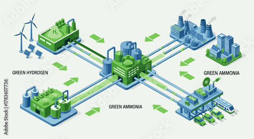 Isometric graphic illustrating the production and distribution of green hydrogen and green ammonia, symbolizing a clean energy future with renewable sources like wind turbines and solar panels