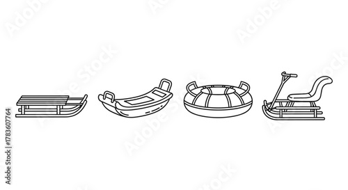 Collection of four distinct winter sledding icons in outline style, showcasing a traditional wooden sled, a curved plastic toboggan, a round inflatable snow tube, and a kicksled with a seat, perfect