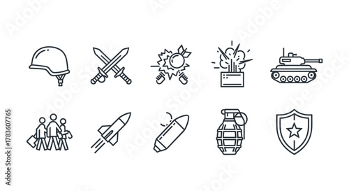 Collection of line-style vector icons representing war and military themes, including a helmet, crossed swords, explosions, a tank, missiles, a grenade, a shield with a star, and a group of refugees