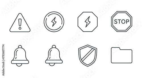 Set of clean line art icons representing warnings, alerts, and security symbols, including a warning sign with an exclamation mark, lightning bolt icons in circular and octagonal frames, a stop sign