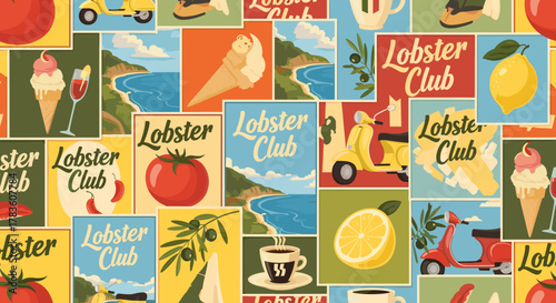 Vibrant Italian Summer Posters Collage Seamless Pattern: Mediterranean Vacation Mosaic Print with Cute Dolce Vita Wallpaper, Featuring "Lobster Club" Lettering, Tomatoes, Lemons, Olives, Scooters