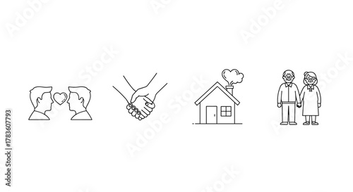 A charming vector cartoon illustration set featuring iconic symbols of love and family: a gay couple with a heart, clasped hands representing unity, a cozy house with smoke from the chimney, and an