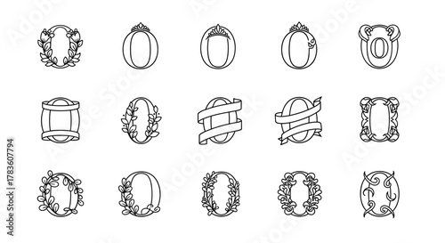 Collection of elegant and decorative letter 'O' monograms and logos, featuring floral wreaths, crowns, ribbons, and ornate frames, presented as a clean vector cartoon illustration on a white