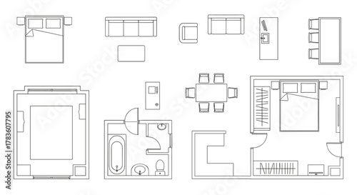 Top-down vector illustration of furniture and interior layout elements, including beds, sofas, a dining table with chairs, a bathtub, toilet, sink, wardrobe, and a desk, presented in a clean line art