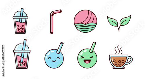 Cute Kawaii Bubble Tea and Drink Icons Set: A charming collection of vector cartoon illustrations featuring bubble tea cups, a pink straw, a stylized sunset or sunrise over water, fresh green leaves