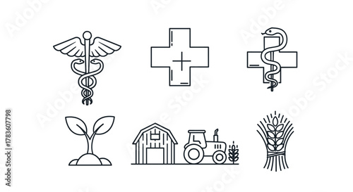 A collection of six clean, minimalist line icons representing medicine and agriculture, presented on a crisp white background. The icons include the Caduceus symbol, a medical cross, a snake entwined