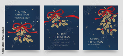 Luxury Blue and Gold Christmas Greeting Poster — Elegant Holly and Red Ribbon Holiday Vector Design