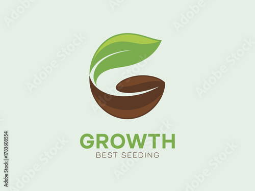 A modern logo design featuring an abstract representation of growth with a leaf and coffee bean, symbolizing sustainability and freshness in a simple yet effective visual style.