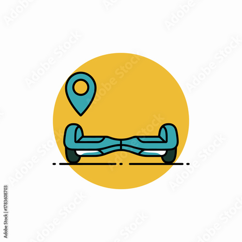 This image features a unique hoverboard design accompanied by a location marker icon, perfect for elements related to modern transportation or tech innovations.