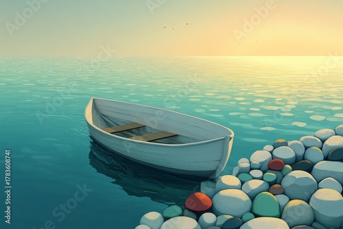 A serene, tranquil scene of a lone white rowboat resting gently on tranquil water near a shore of colorful stones at sunrise.
