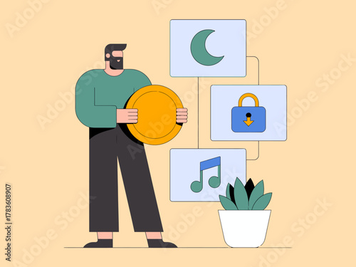 A thoughtful man holding a large coin while surrounded by icons representing music, security, and calmness, symbolizing financial decisions and personal choices in life.
