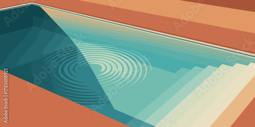 This modern illustration captures a tranquil swimming pool with gentle water ripples, evoking feelings of relaxation and serenity, complemented by stylish architecture.