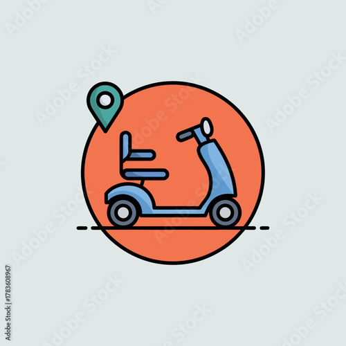 This bright illustration of a scooter with a location marker effectively represents mobility and transport solutions, capturing the essence of modern commuting and convenience.
