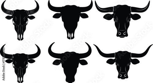 Bull head silhouette set with horns, cattle livestock skull vector illustration, agriculture farm animal icon design western ranch culture art
