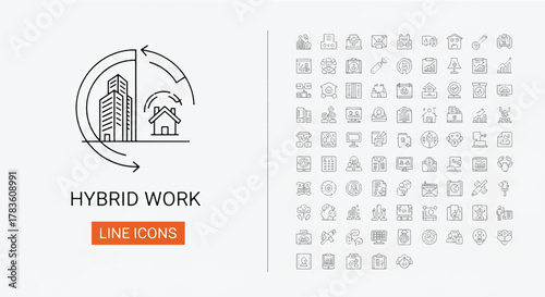 Hybrid work line icon set vector illustration for remote work flexible office and business concept
