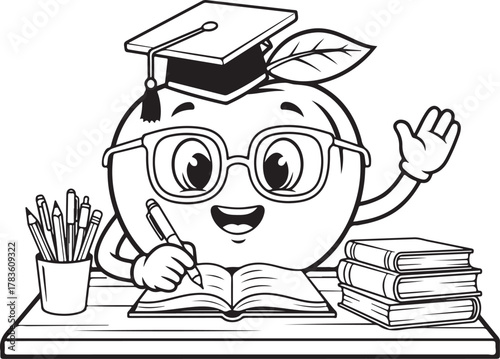 A cheerful cartoon apple wearing graduation cap and glasses, sitting at a desk, writing in an open book with a pen, surrounded by pencils and stack of books, symbolizing education, learning, and back 