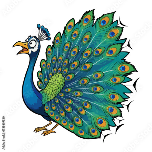 Cartoon peacock with open beak and fanned tail feathers.