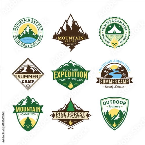 Vintage Outdoor Camping Adventure Badge Logo Collection Set Retro Style Design
