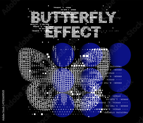 Vector poster in Y2K glitch-inspired style. The design features pixelated text "BUTTERFLY EFFECT" and a butterfly, combined with abstract digital shapes.
