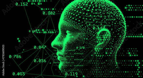Digital vector illustration features a pixelated human head in profile in neon green and black. The style is futuristic and abstract, combining geometric shapes, numbers, and data for an AI theme.