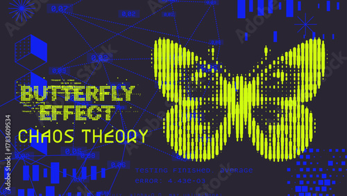 Vector poster in Y2K glitch-inspired style. The design features pixelated text "BUTTERFLY EFFECT" and a butterfly, combined with abstract digital shapes.