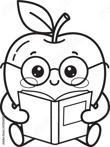 Cute cartoon apple character wearing glasses, reading a book, isolated on white background, representing education, learning, knowledge, and back to school themes, simple line art illustration with ex